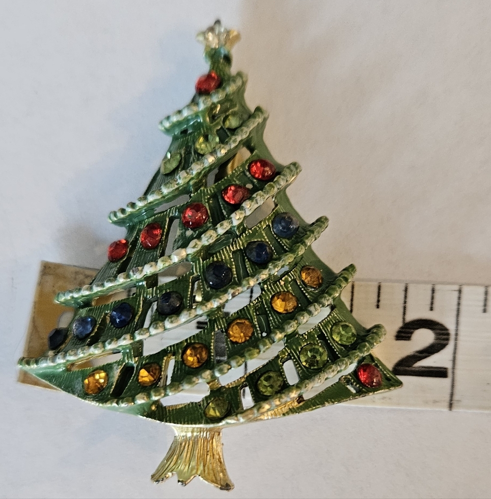 Christmas Tree Brooch Pin Enamel Rhinestones - Picture 8 of 9